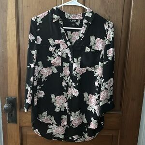 Black with pink roses three-quarter sleeve V-neck blouse